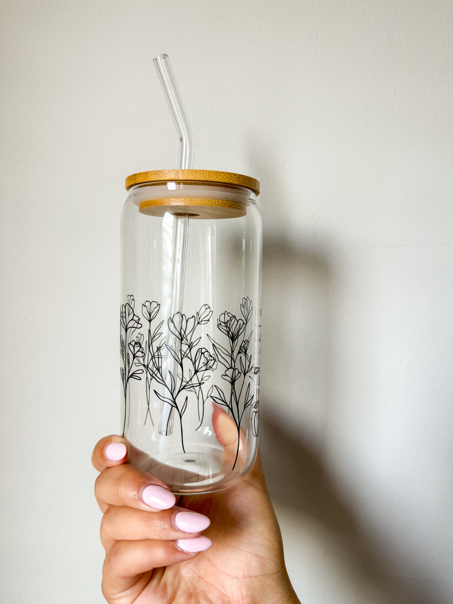Custom Name Black Flowers Glass Cup