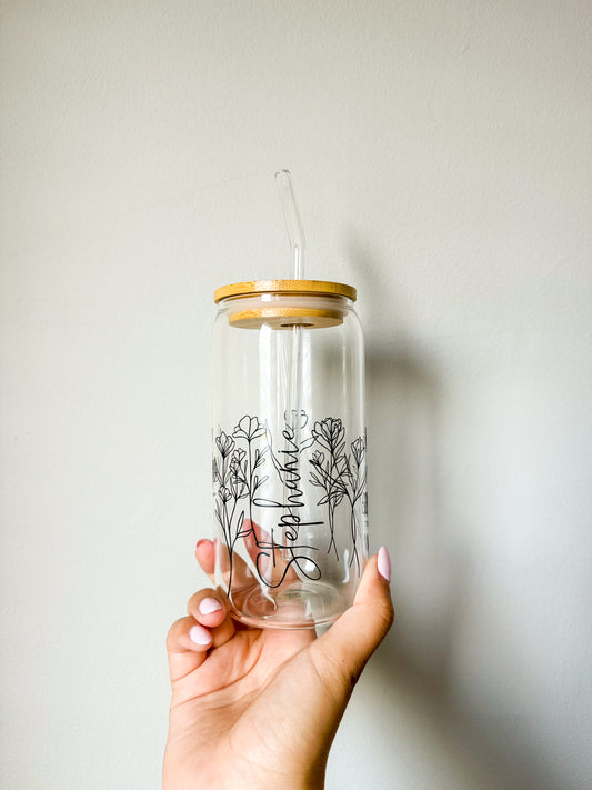 Custom Name Black Flowers Glass Cup