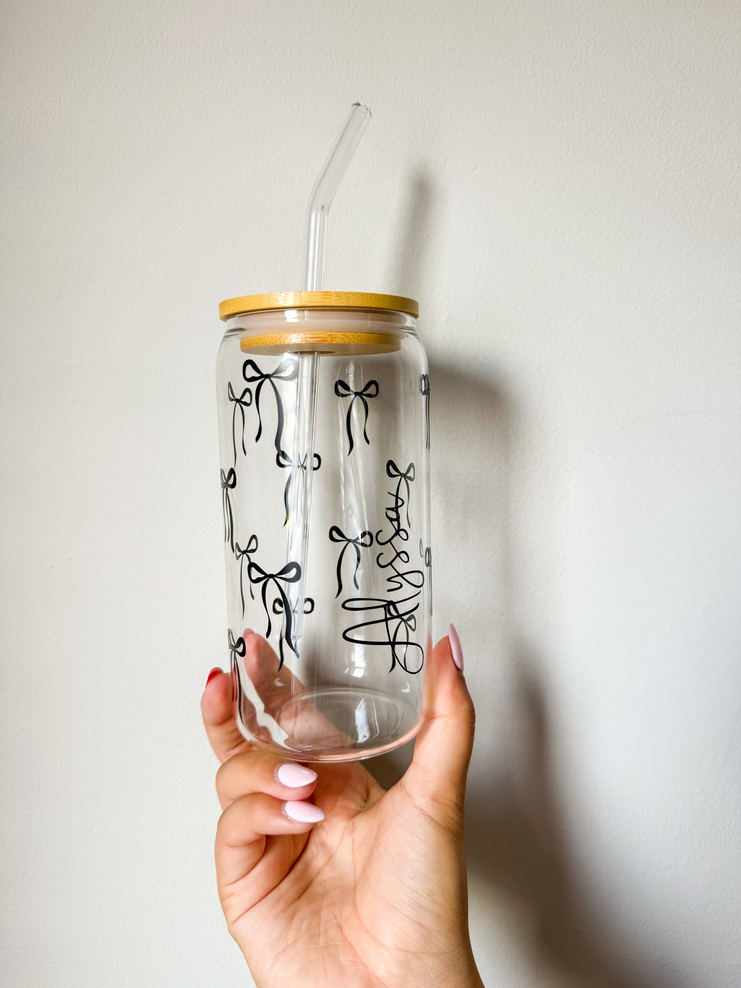 Custom Name Black Bow Glass Cup