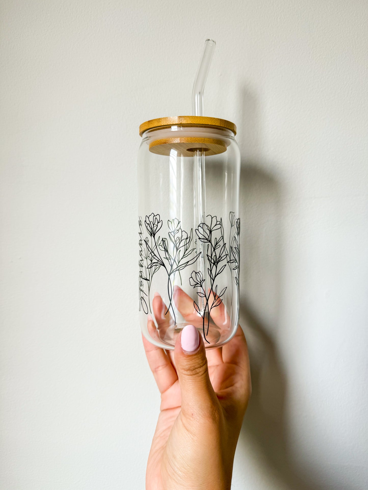 Custom Name Black Flowers Glass Cup