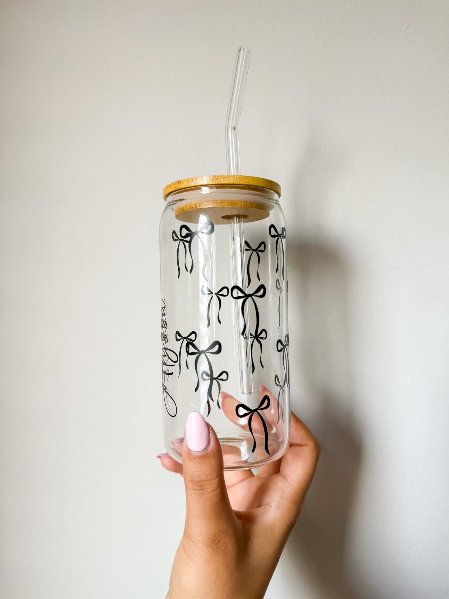 Custom Name Black Bow Glass Cup