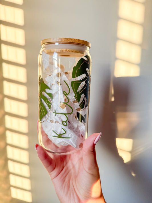 Custom Name Monstera Leaf Glass Cup