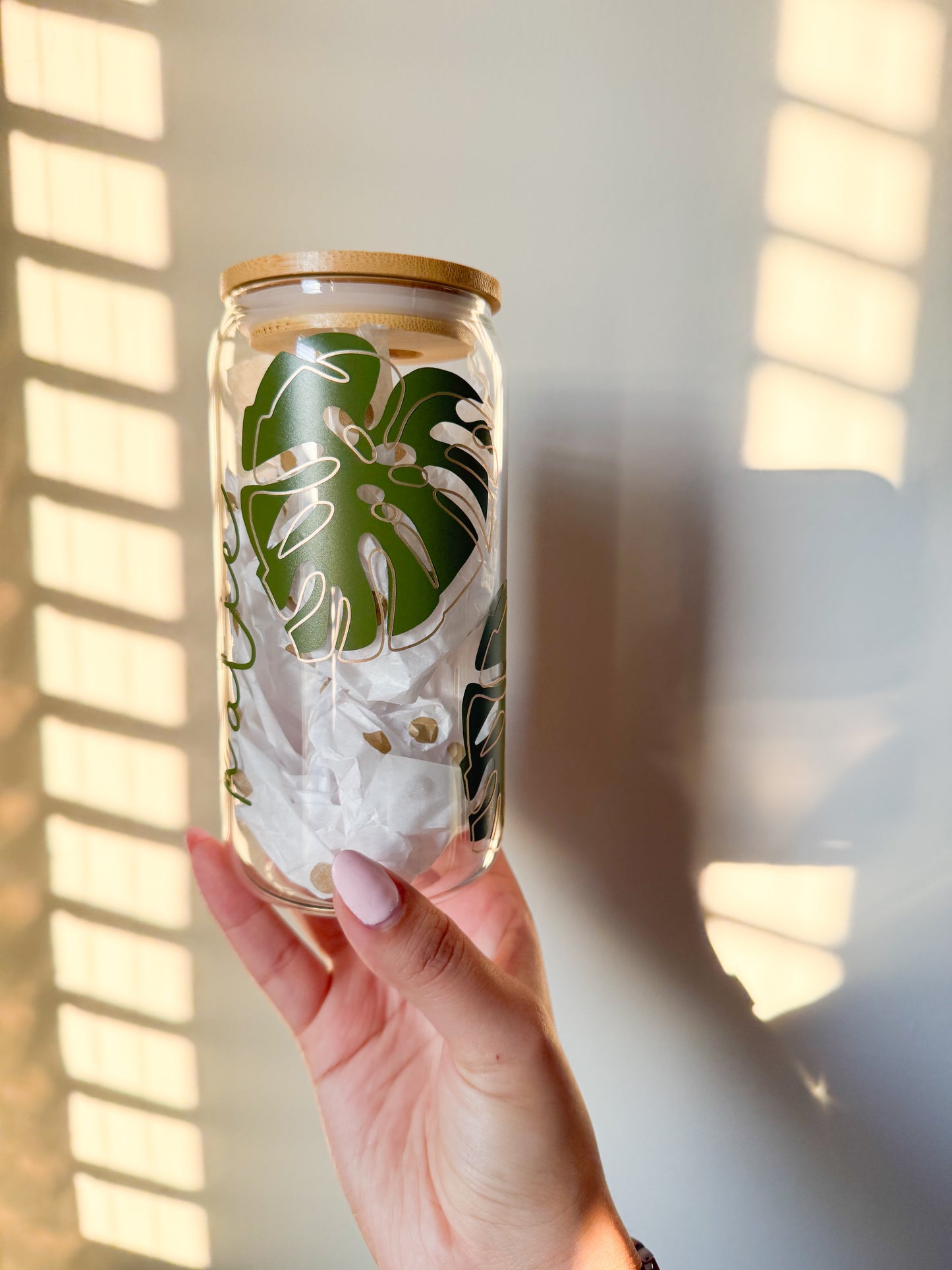 Custom Name Monstera Leaf Glass Cup